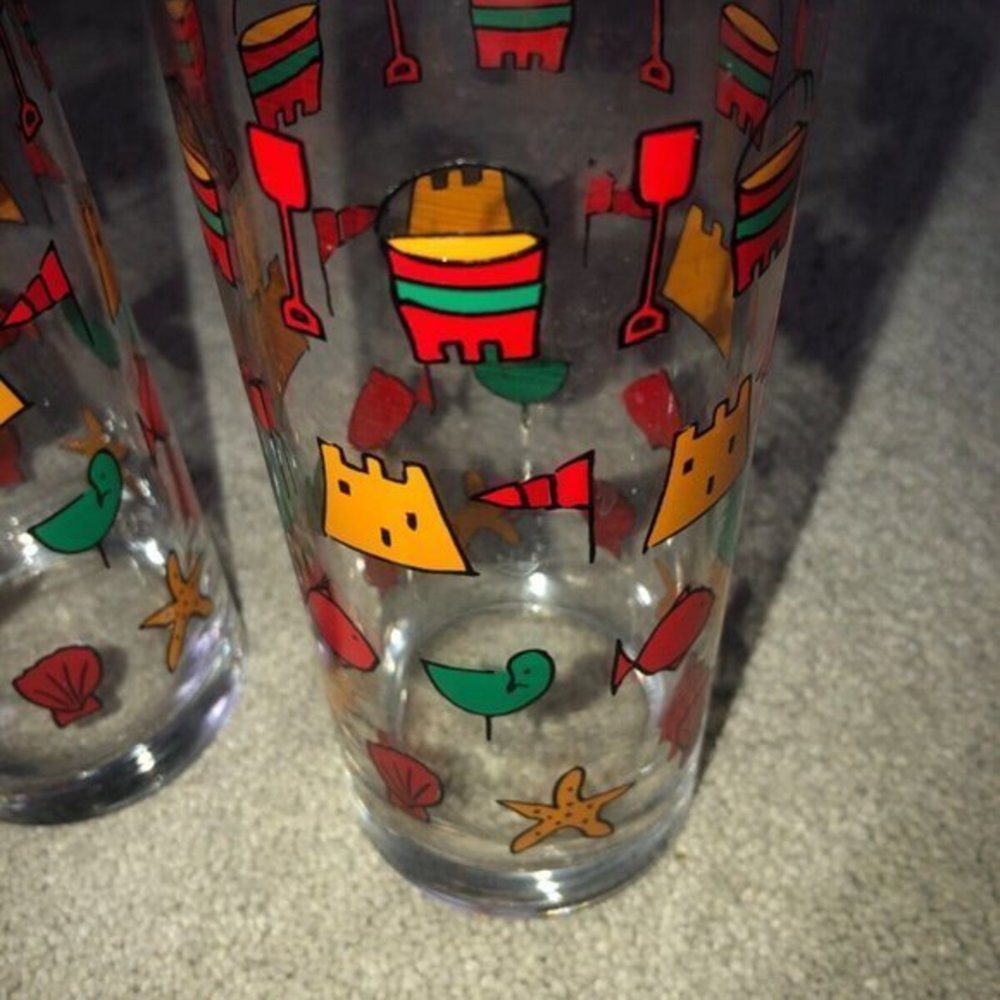 Vintage‎ Sandcastle Bucket Bird Fish HIGHBALL GLASSES (2) OCEAN BARWARE